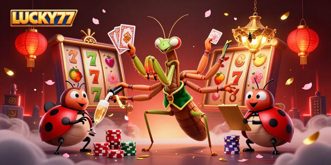 Experience the excitement of LUCKY77 with vibrant 3D casino characters and dynamic slot reels.