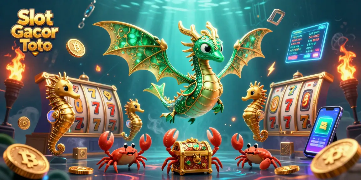 Engage in Slot Gacor Toto with vibrant 3D illustration featuring dragons, treasure, and cryptocurrency elements.