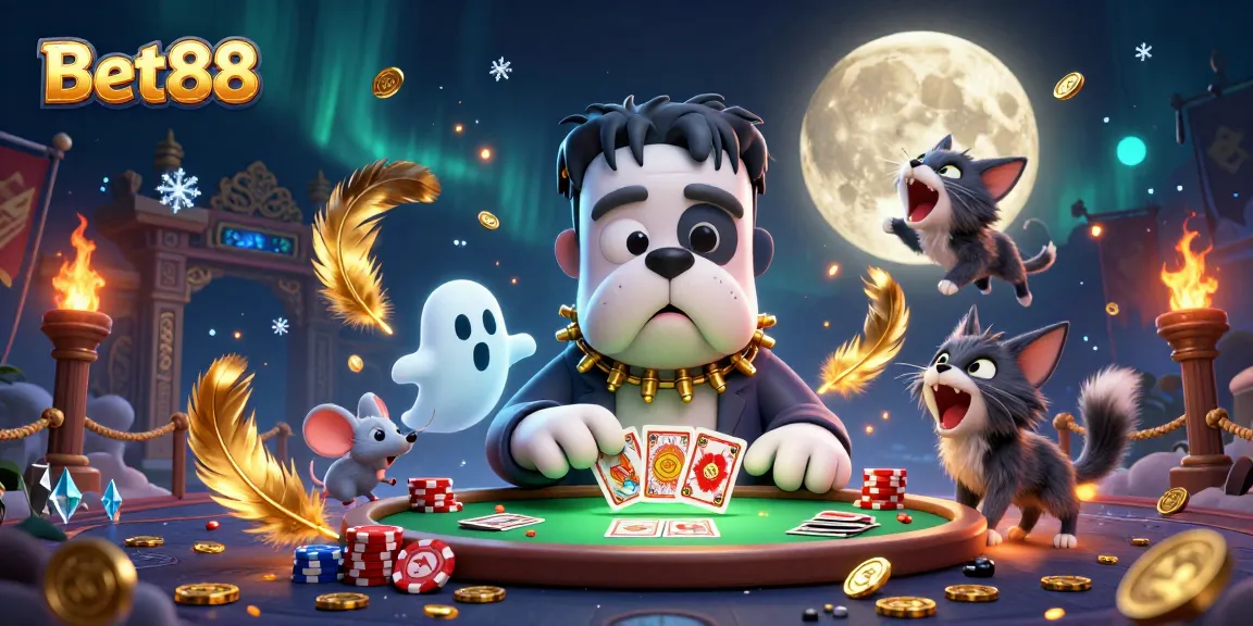 Bet88 players enjoying a thrilling card game with a ghost mouse floating through the chips.