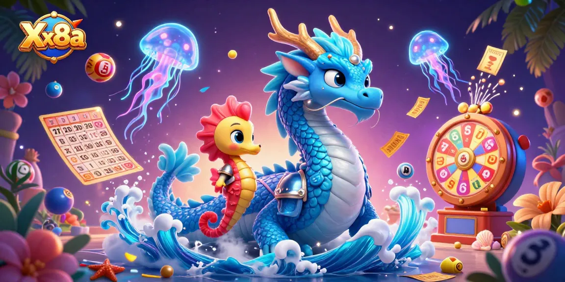Xx8a features an energetic scene of vibrant lottery elements and a majestic water dragon, embodying excitement and rewards.