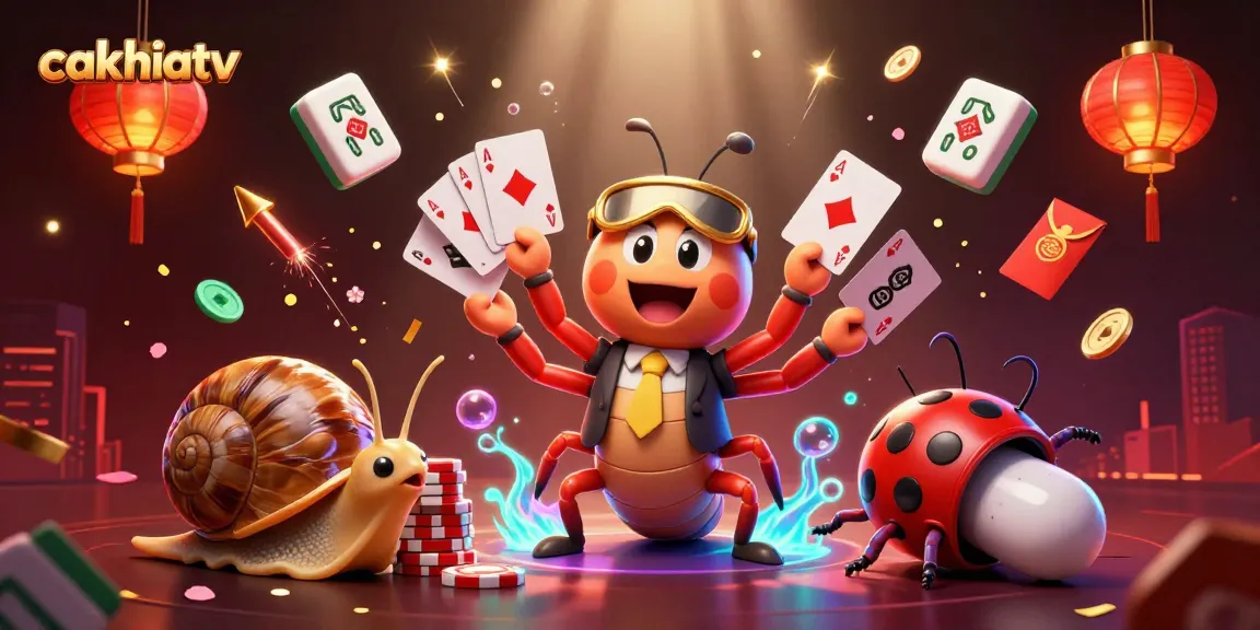 CakhiaTV showcases a colorful, vibrant 3D scene with a millipede dealer and casino elements, perfect for gambling enthusiasts.