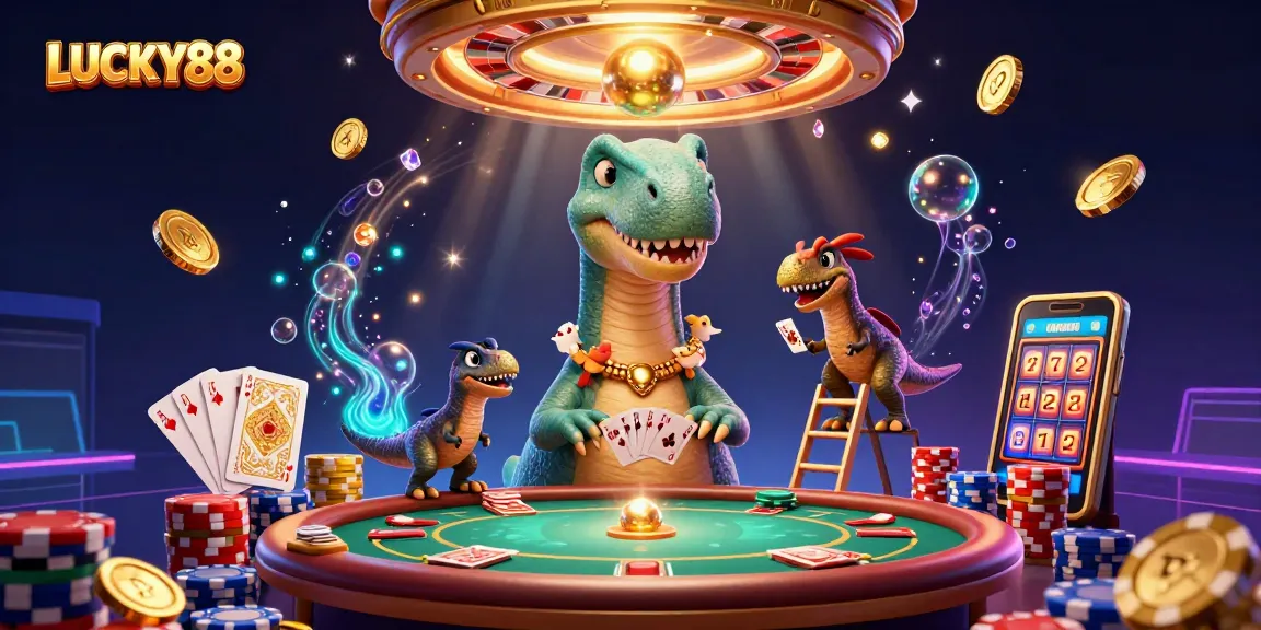 LUCKY88 casino fun featuring dynamic characters, colorful poker chips, and lively game elements.