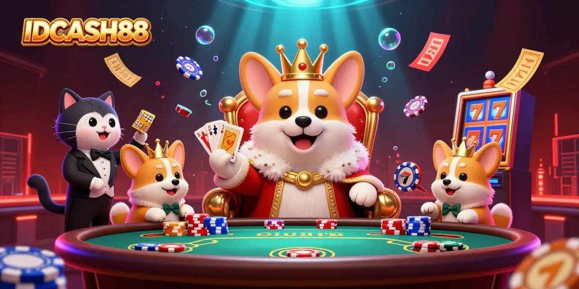 Experience the excitement of IDCASH88 with a 3D illustration of animated casino characters and vibrant game elements.