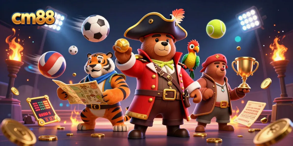 Experience thrilling cm88 sports betting with dynamic illustrations of games, a pirate bear, and exciting elements.