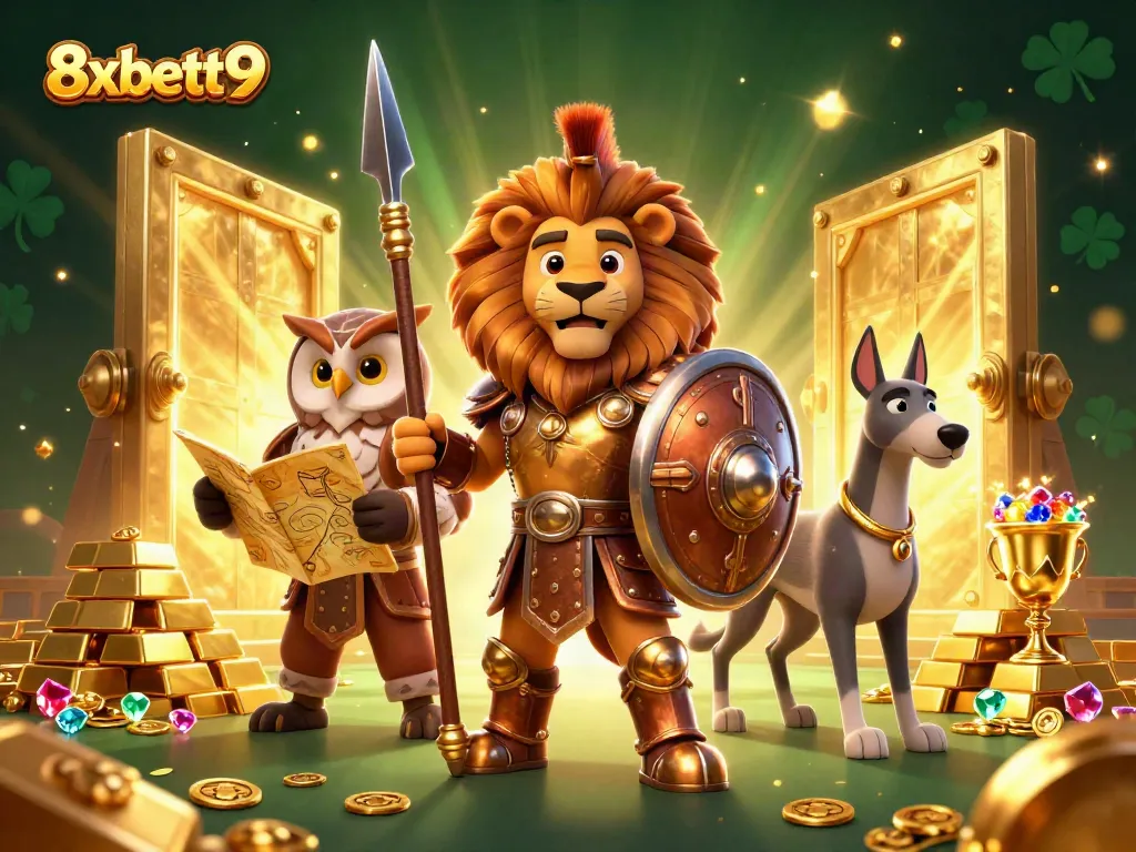 Experience thrilling wins with 8xbett9 in a vibrant 3D illustration of a heroic Spartan lion and others.
