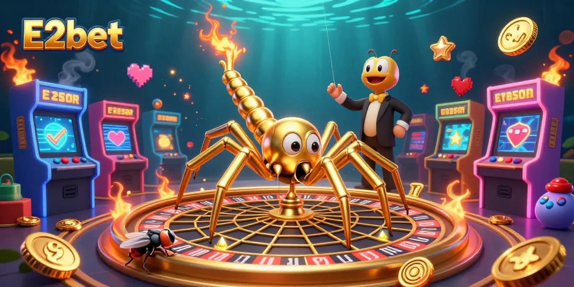 Bet on E2bet with a golden spider theme and thrilling gambling elements depicted in vibrant 3D.
