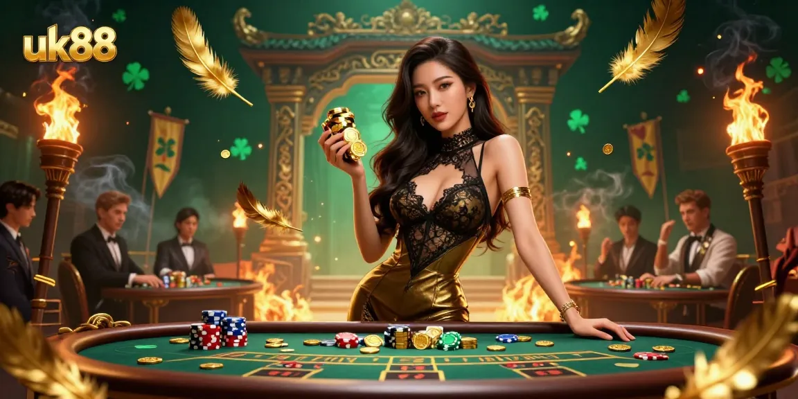 Engage in thrilling high-stakes play at uk88 with a glamorous baccarat setting, golden chips, and elite players.