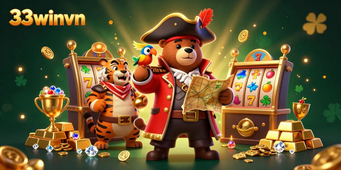 Engage with thrilling slot action at 33winvn featuring a pirate captain bear and treasure.