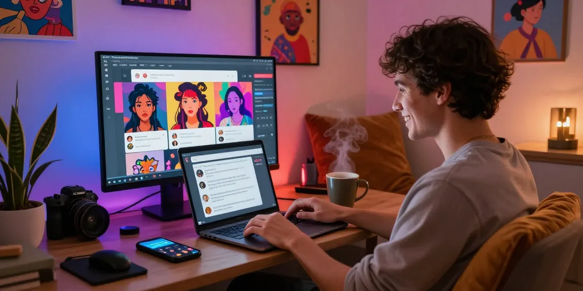 Engaging in NSFW AI chat with creative characters on a laptop in a cozy, colorful environment, showcasing emotional complexity and technology.