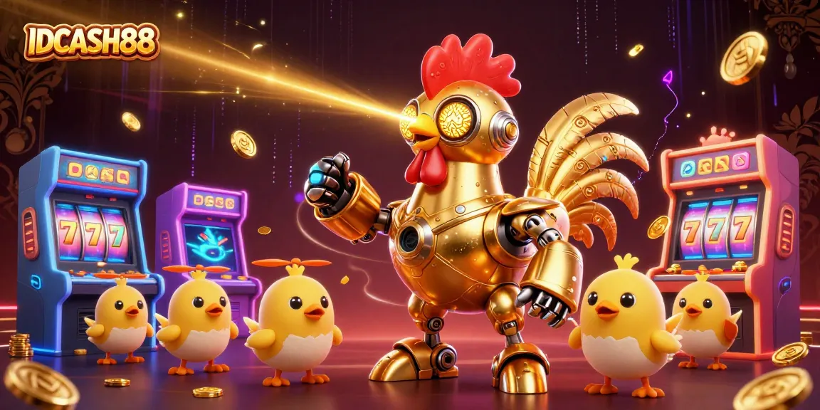 Engage with IDCASH88's vibrant casino atmosphere through a golden rooster robot and arcade elements.
