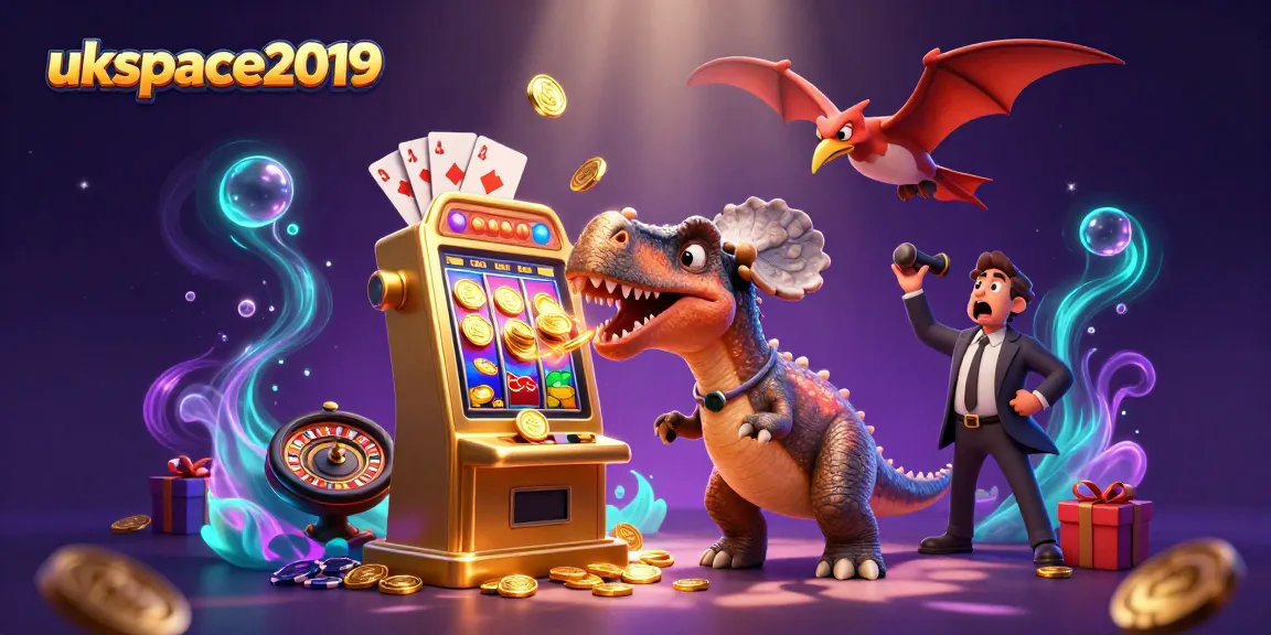 ukspace2019 casino scene with dinosaurs and slot machines, headbutting for jackpot coins