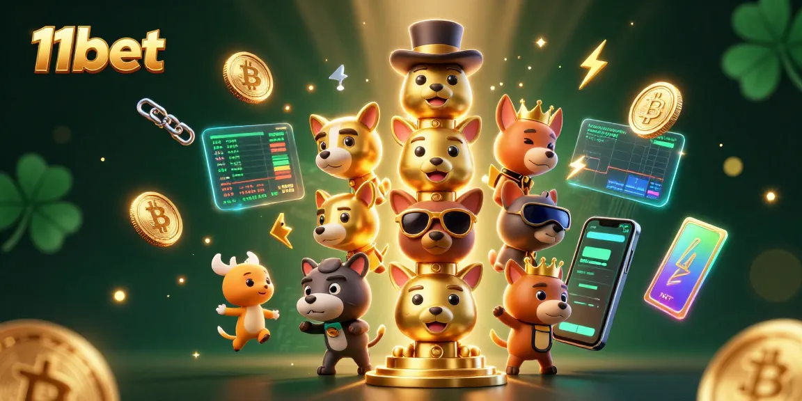 Engage with 11bet's vibrant casino scene featuring a 3D golden totem and crypto elements.