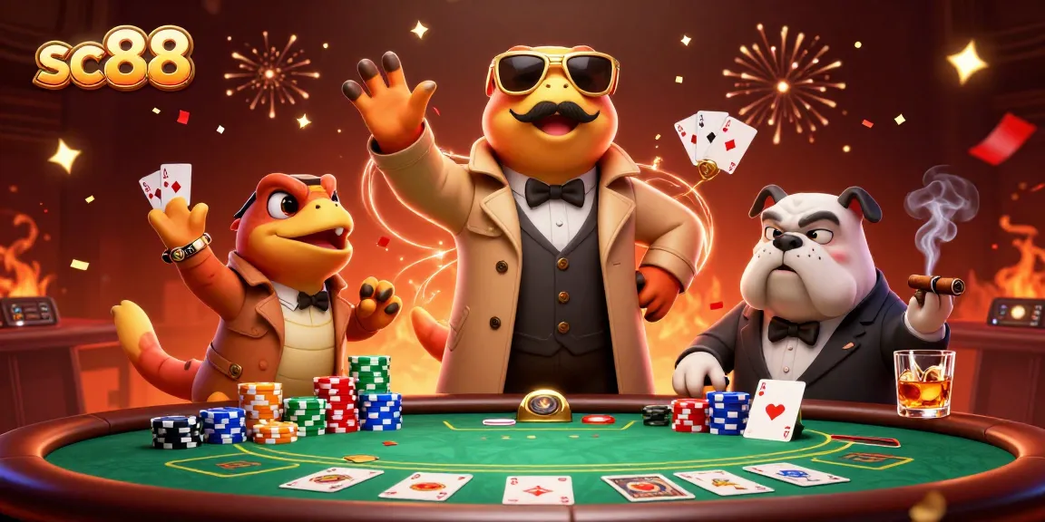 Join the fun at SC88 with raptors in a trench coat entering a VIP casino lounge.