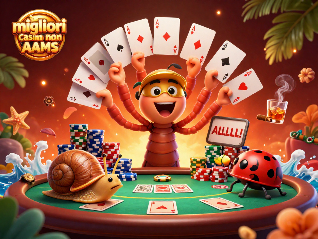 Immagine colorata che rappresenta i migliori casino non AAMS con un millipede dealer e un'azione di poker vivace.