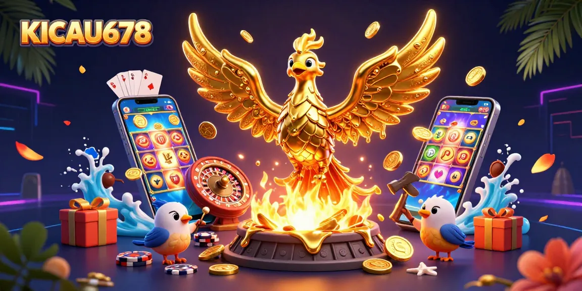 KICAU678 rises with a golden phoenix amidst casino elements in a vibrant digital illustration.