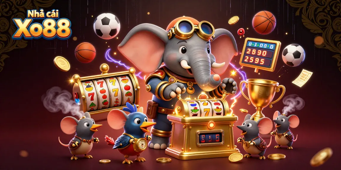 Engage with Nhà cái Xo88's thrilling slot machine action as steampunk characters bring excitement in a dynamic casino scene.