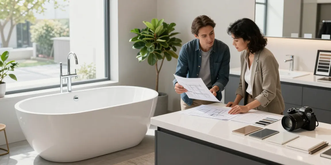 KKR solid surface freestanding bathtub and countertops in a modern designer showroom.