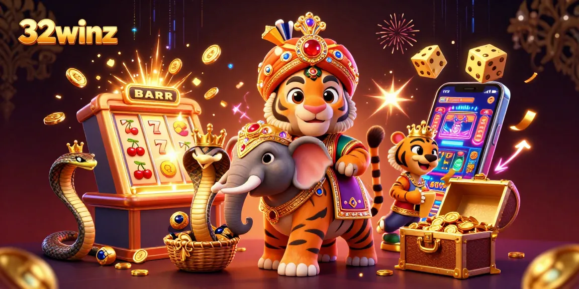 Experience the excitement of the 32winz casino with a vibrant 3D cartoon illustration showcasing thrilling game elements and characters.