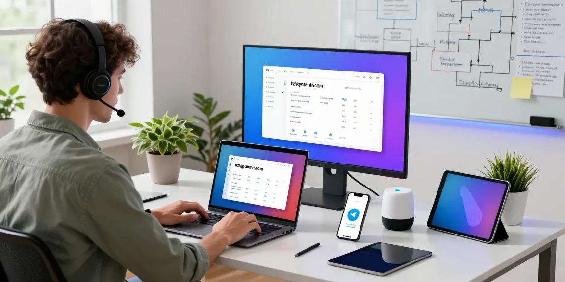 Explore telegraimin.com features in a modern workspace with tech enthusiast and Telegram notifications.