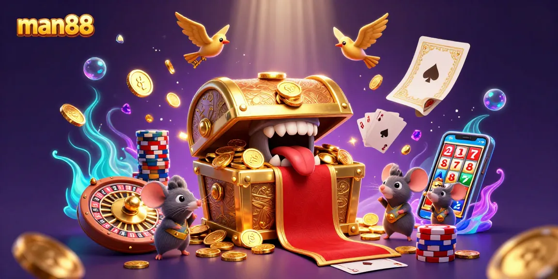 Win big with man88 as golden treasure and rich casino elements collide in a vibrant 3D scene.