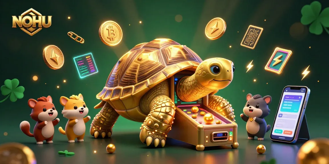 Engaging scene with NOHU showcasing a golden tortoise pinball machine amidst animated animals for a vibrant casino atmosphere.