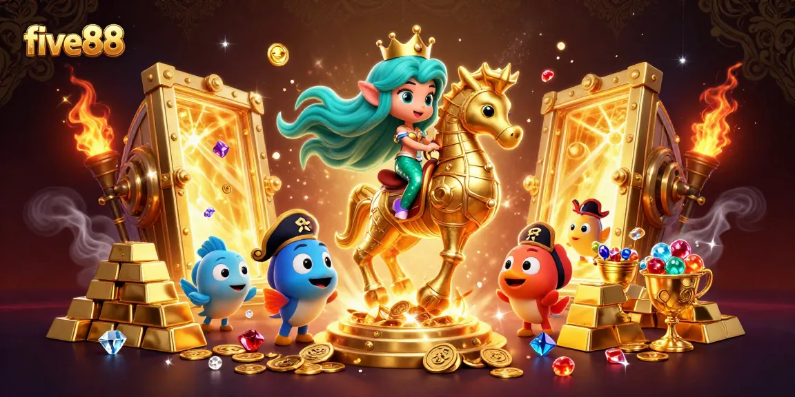 Experience five88 excitement with a mermaid and seahorse amid treasure in a vibrant casino scene.