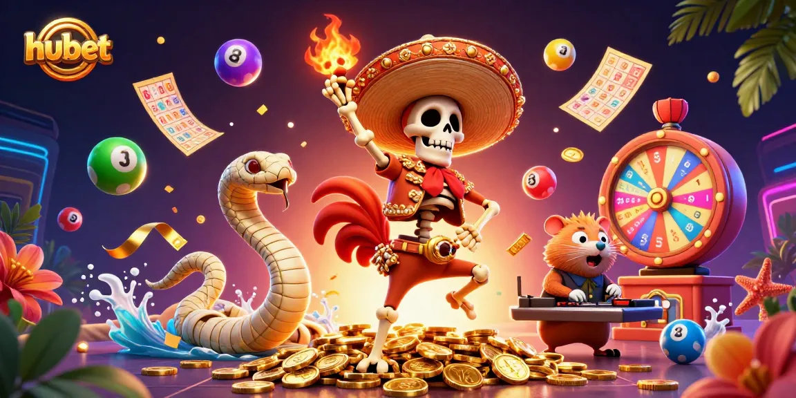 Experience the thrill of winning with hubet as a vibrant scene comes alive featuring lively characters and casino elements.