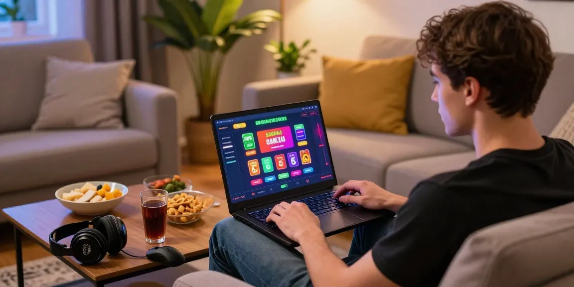 Engagierter Spieler, der eine Paysafe Card Casino-Erfahrung auf einem Laptop mit Getränken und Snacks in einer gemütlichen Umgebung genießt.