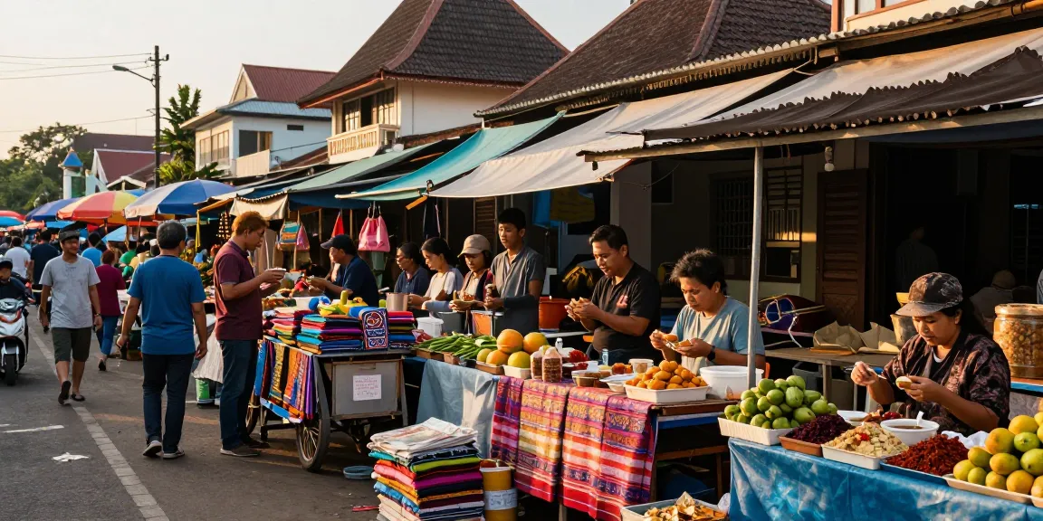 Pasar urban di Indonesia menampilkan Leci123 dan kerajinan lokal, suasana ceria dan penuh warna.