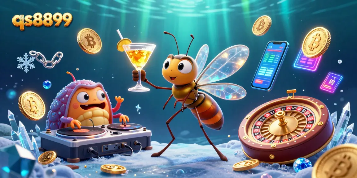 Experience the excitement of qs8899 with a lively casino scene featuring vibrant characters and crypto elements.