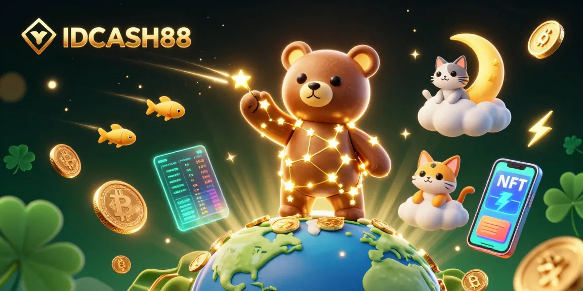 Engage with IDCASH88 through dynamic online gaming illustrated with a celestial bear and vibrant crypto elements.
