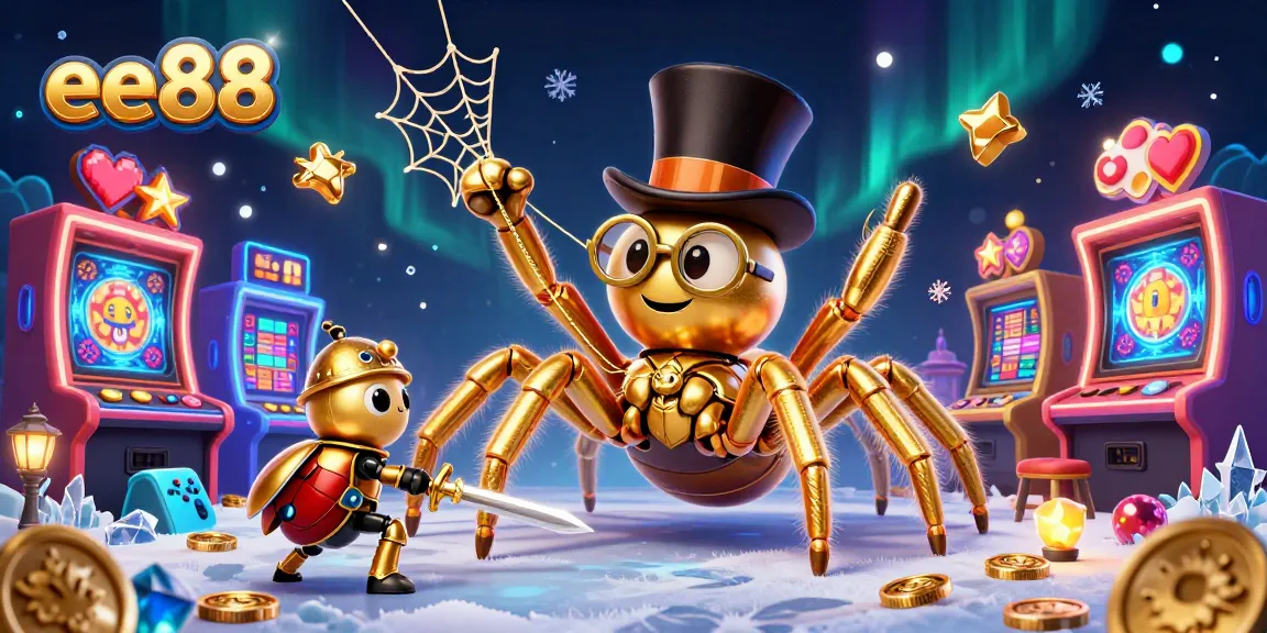 Experience ee88 with a vibrant 3D illustration of a golden tarantula and beetle knight in a casino setting.