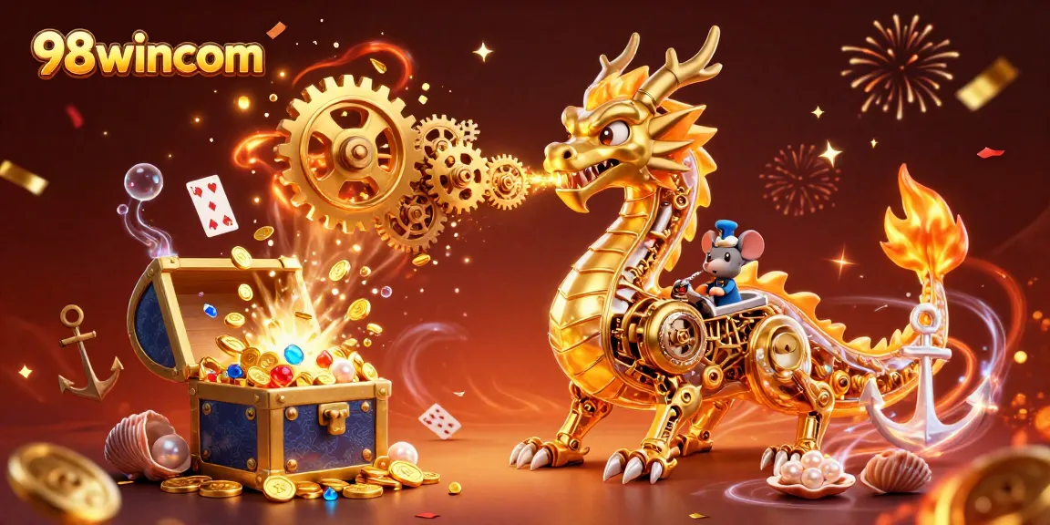 Experience 98wincom’s vibrant online gaming world with a golden dragon and dazzling treasures.