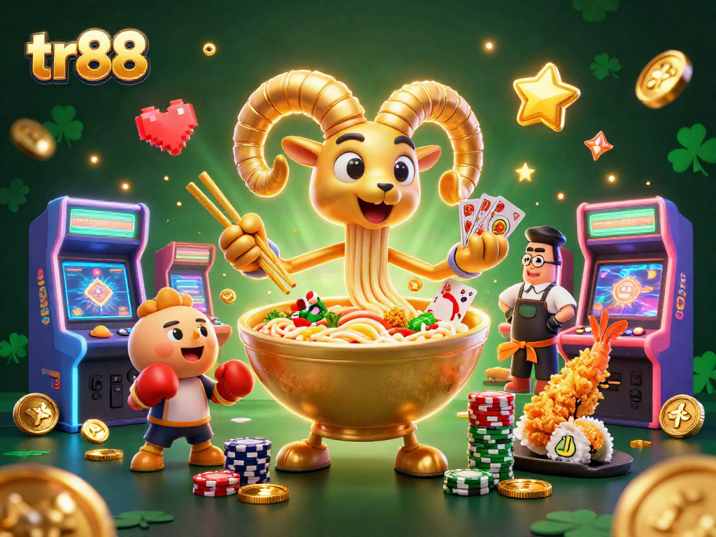 tr88 showcases a vibrant 3D casino scene with a giant ramen bowl dealer, colorful games, and energetic cheerleaders.