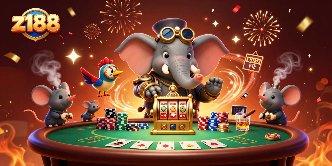 Experience thrilling gameplay at z188 with a 3D steampunk elephant operating a golden slot machine.