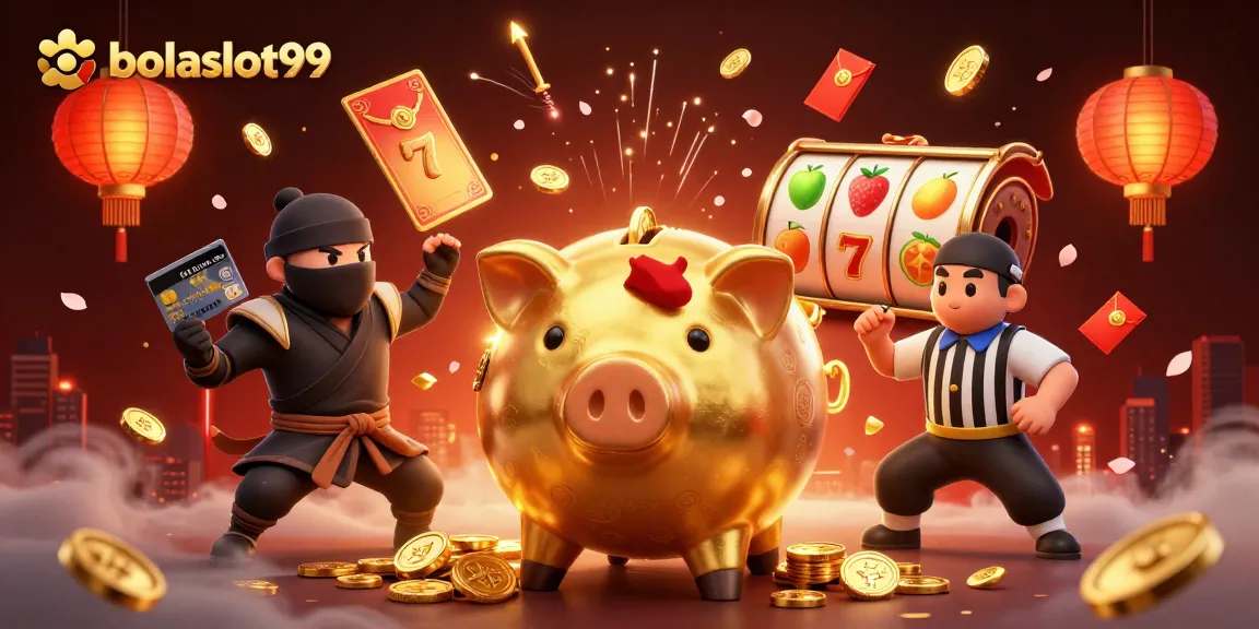 Bolaslot99 showcases a golden piggy bank sumo wrestler amid dynamic slot reels and vibrant casino elements.