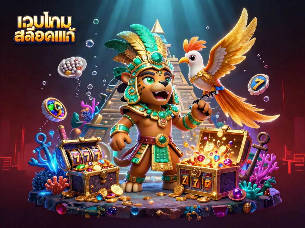 Experience the vibrant world of เว็บเกมสล็อตแท้ with a rich 3D illustration featuring dynamic characters amidst casino themes.