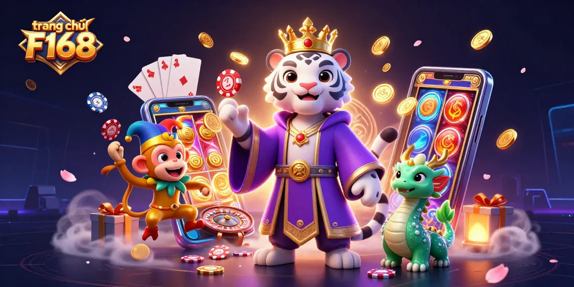 Engaging illustration of trang chủ F168 featuring royal tiger, playful monkey, and jade dragon amidst vibrant casino elements.