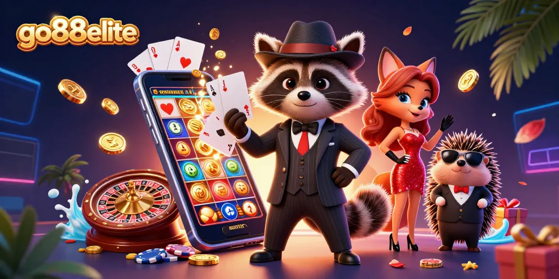 Gamble with flair at go88elite, featuring a suave raccoon and fox in glamorous casino settings.