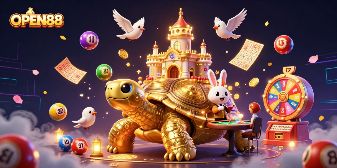 Experience thrilling gaming at OPEN88 with a golden tortoise casino and vibrant lottery elements.
