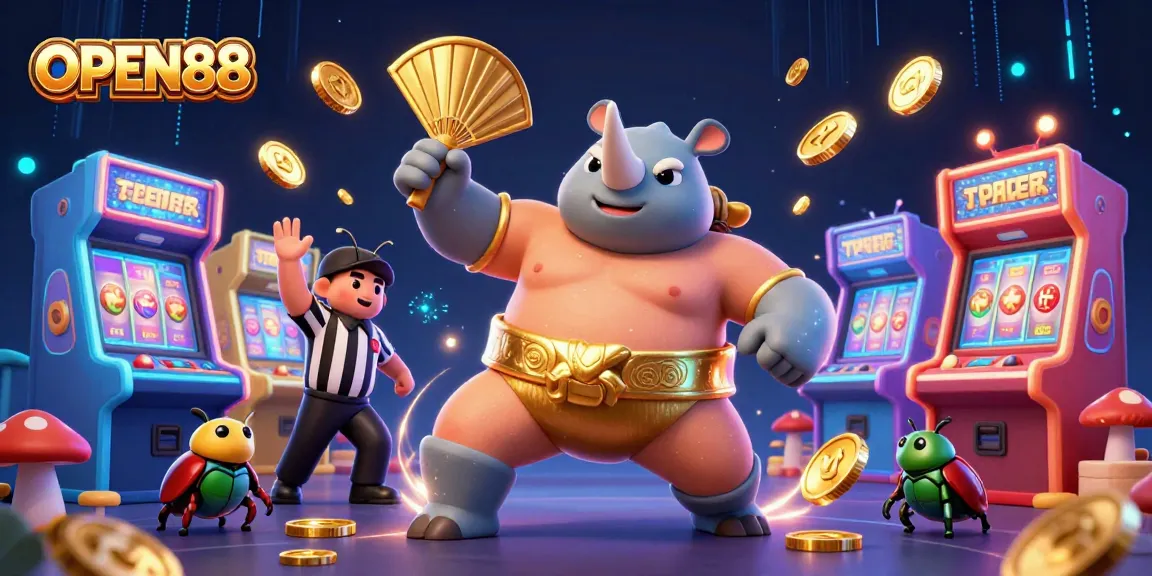 Experience the thrill of OPEN88 with colorful games and vibrant characters in a dynamic casino setting.