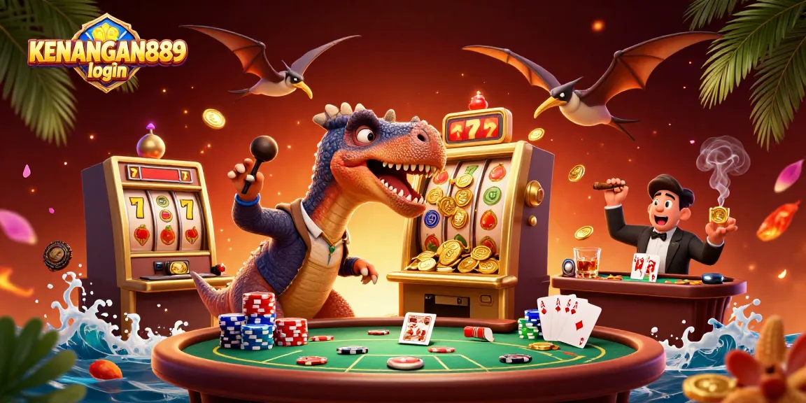 Experience excitement with KENANGAN889 login as a cartoon dinosaur claims jackpot coins from a slot machine.