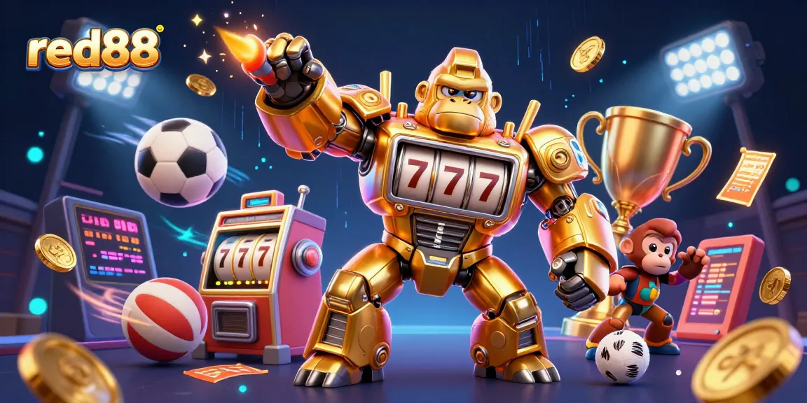 Engage with red88's thrilling gaming experience featuring a golden gorilla mech and sports elements.