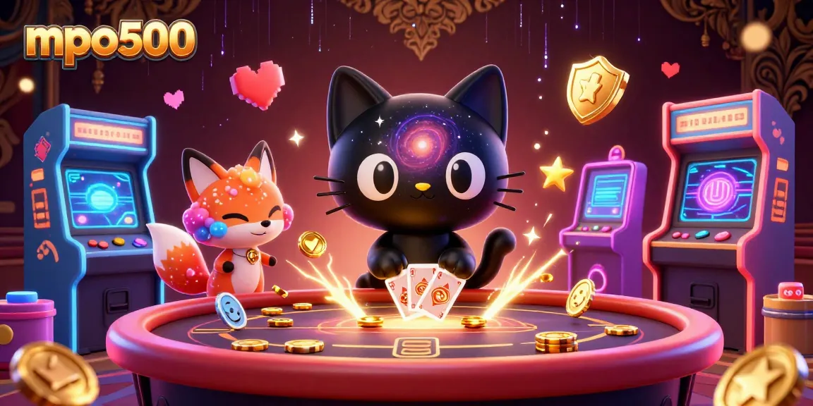 Spin the reels with mpo500 as a cosmic cat gathers casino chips in a vibrant scene.
