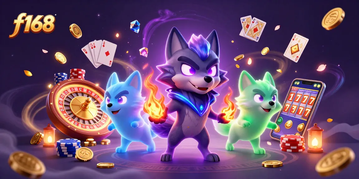 Experience the thrill of winning with f168 as glowing wolf guardians surround dynamic casino elements.