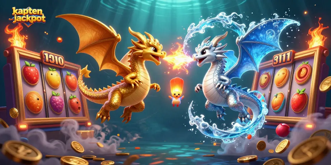 Win big with kaptenjackpot in this vibrant casino scene featuring dragons and slot elements.