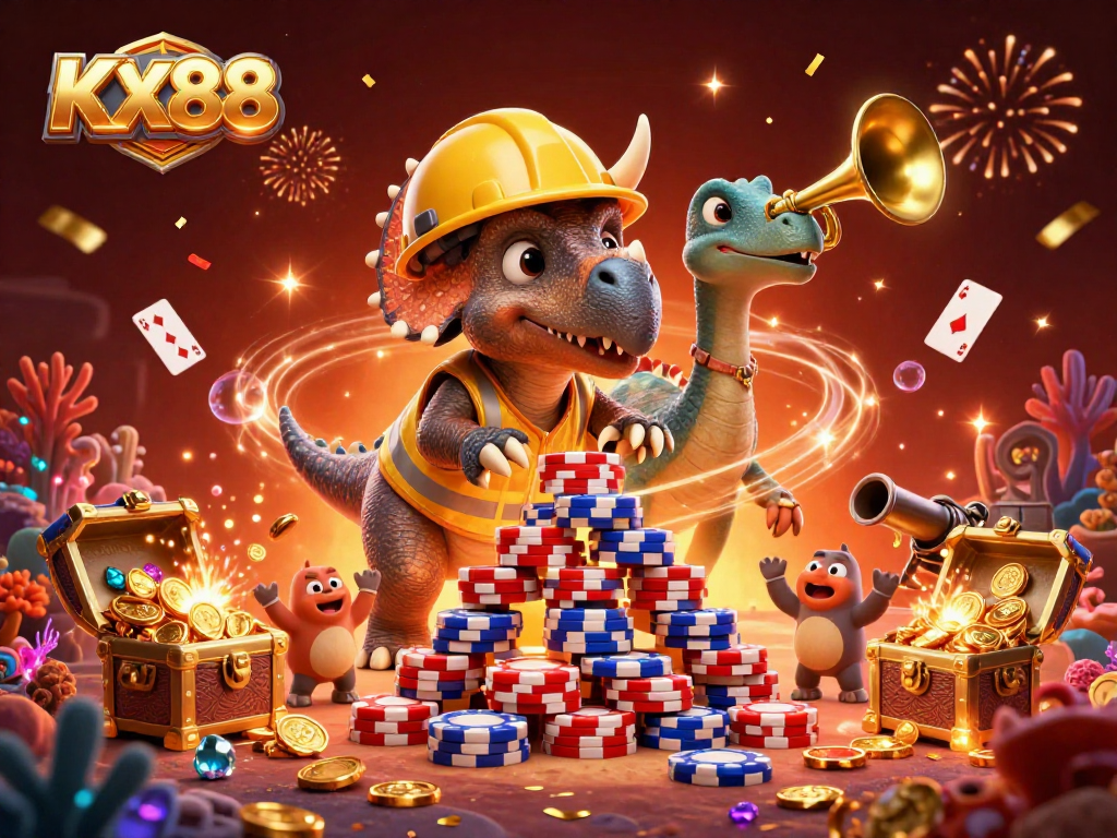 Engage with the dynamic KX88 scene featuring a triceratops building poker chip pyramids in a vibrant casino celebration.