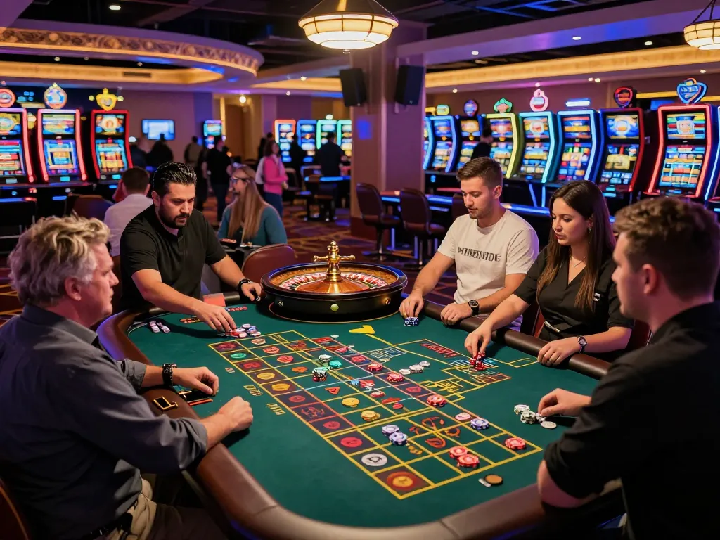 Experience the thrills of 789win at a lively casino scene with players engaged in roulette gameplay.
