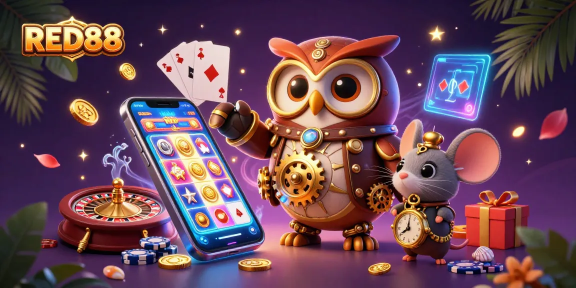 Engage with the thrilling world of RED88 casino as a time-traveling owl explores futuristic slots and games.
