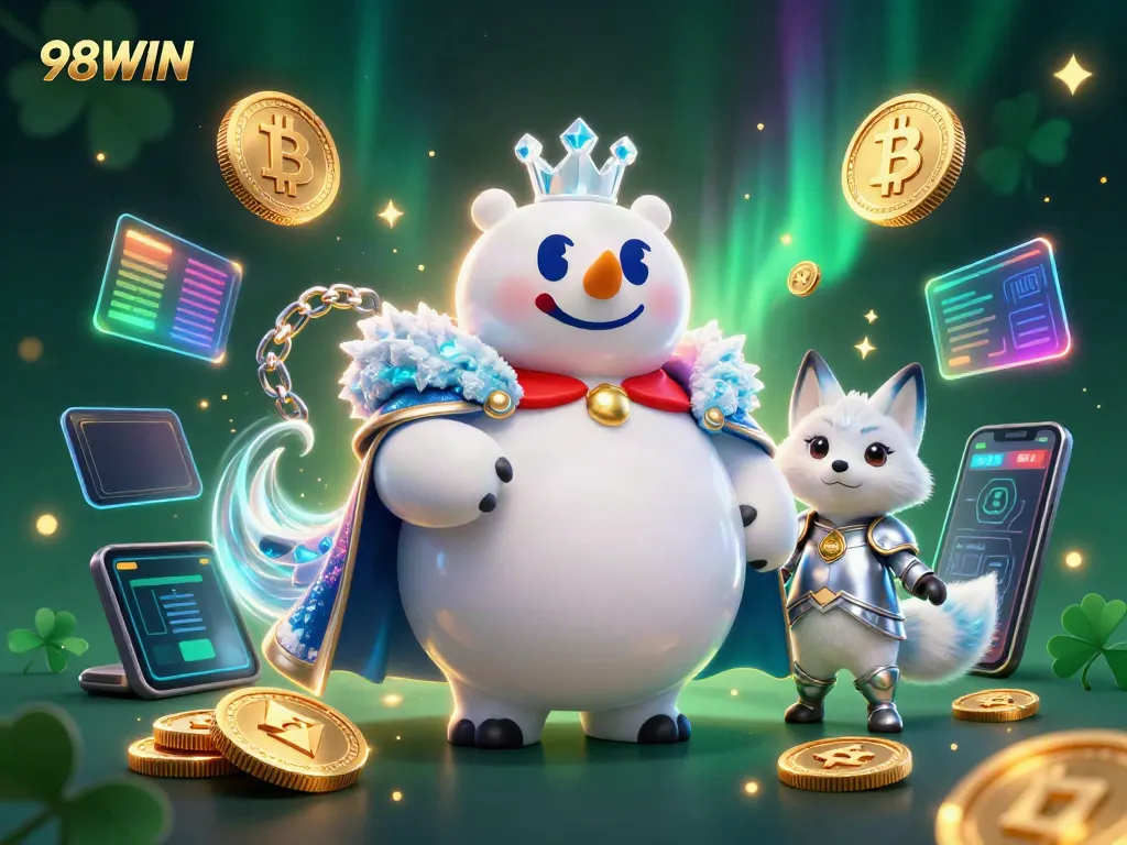 Experience thrilling games with 98WIN featuring an engaging polar bear and snow fox in a vibrant casino scene.